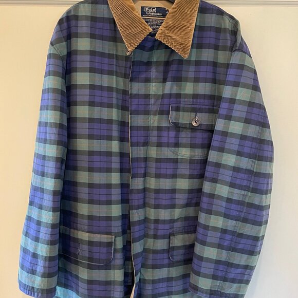 Vintage Polo Ralph Lauren Oilskin Waxed Jacket in Blue and Green Plaid, Size L - Picture 3 of 8